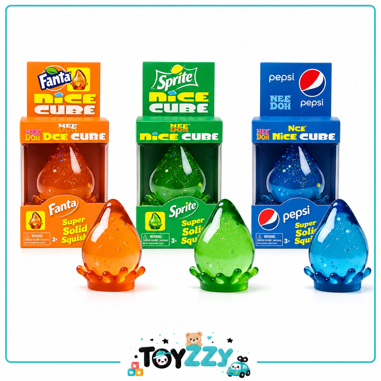 Four NEEDOH Dream Drop Squishy in Fanta Orange, Sprite Green, Pepsi Blue, and Pepsi Blue, displayed with their original colorful packaging boxes on a white background.