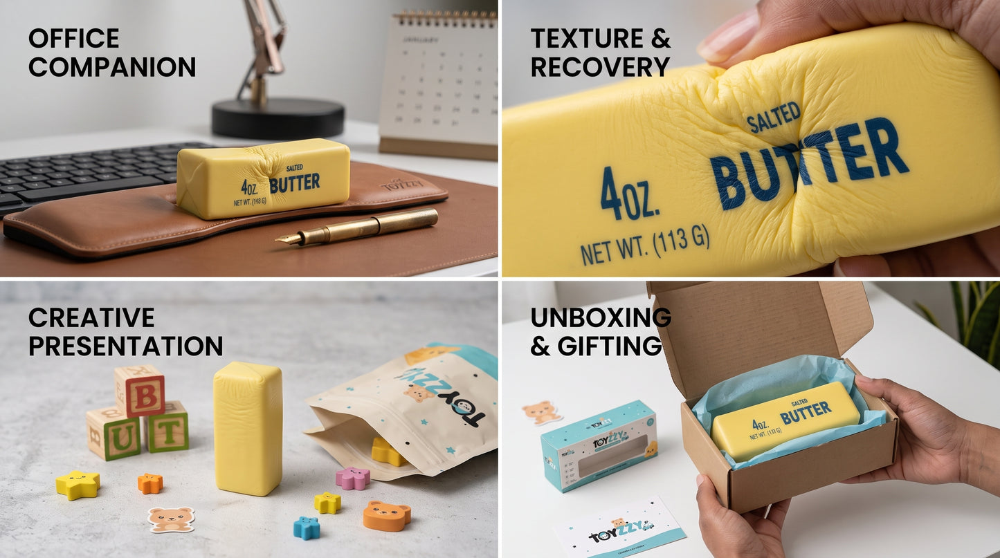 Yellow butter squishy fidget toy for desk breaks, study, travel and gifting