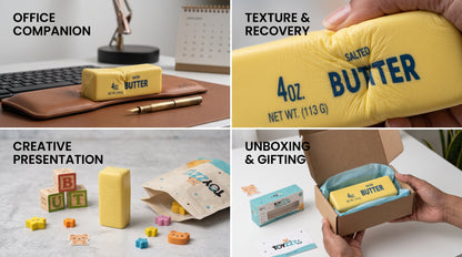 Yellow butter squishy fidget toy for desk breaks, study, travel and gifting