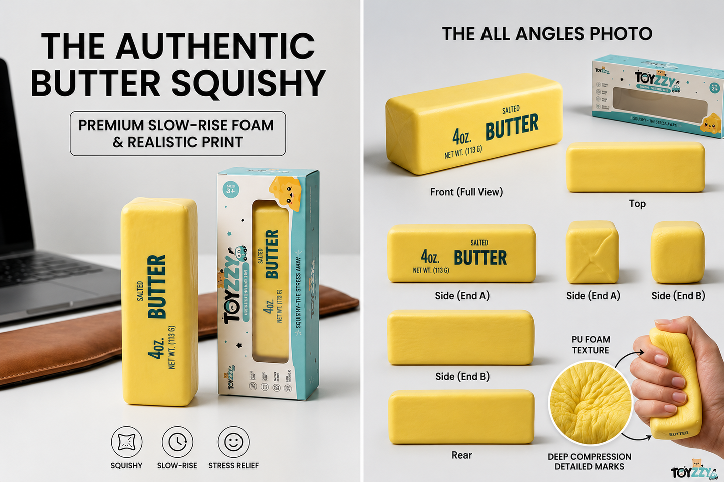 Front, side, top and rear views of Toyzzy yellow butter squishy toy