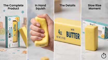 Hand squeezing Toyzzy yellow butter squishy showing soft slow-rise foam compression