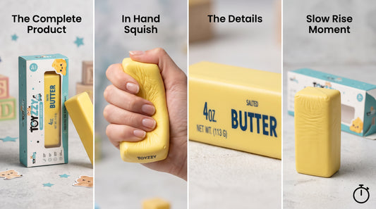 Hand squeezing Toyzzy yellow butter squishy showing soft slow-rise foam compression